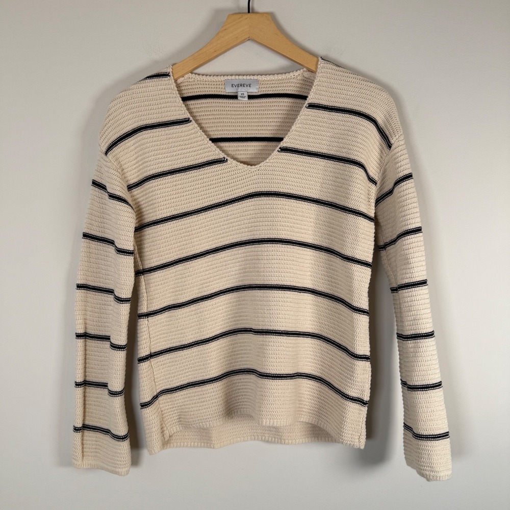 Evereve Striped V-Neck Sweater XS 100% Cotton Long Sleeve Knit Crochet Pullover